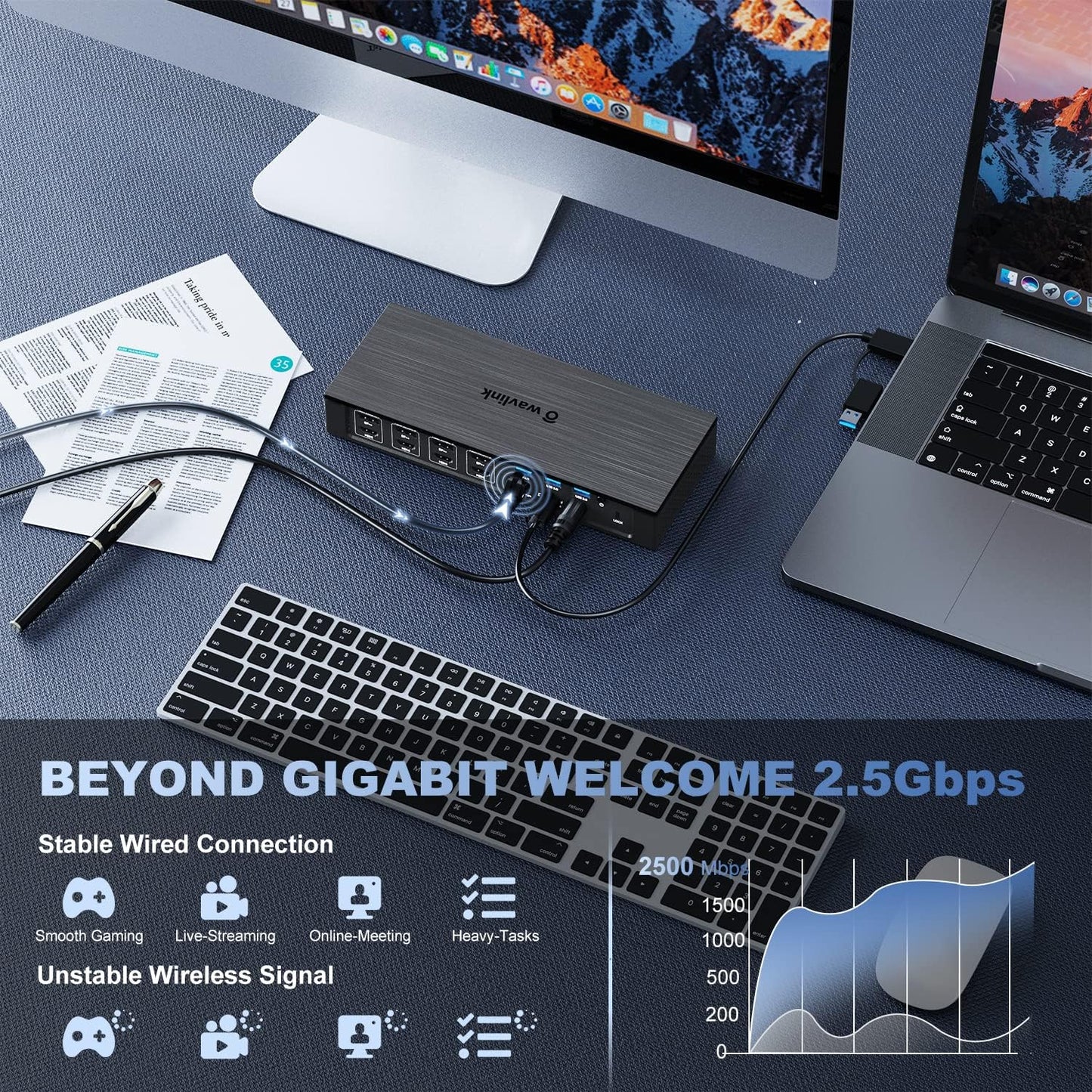 WAVLINK DisplayLink Laptop Docking Station - Quad Monitor 5K/4K@60Hz, 100W Charging - Thunderbolt 5/4, USB-C/A - M1-M5 Mac/MacBook Neo/Windows/Chrome- 4 HDMI, 4 DP, 180W Power, SD 4.0 CR, 2.5Gbps LAN