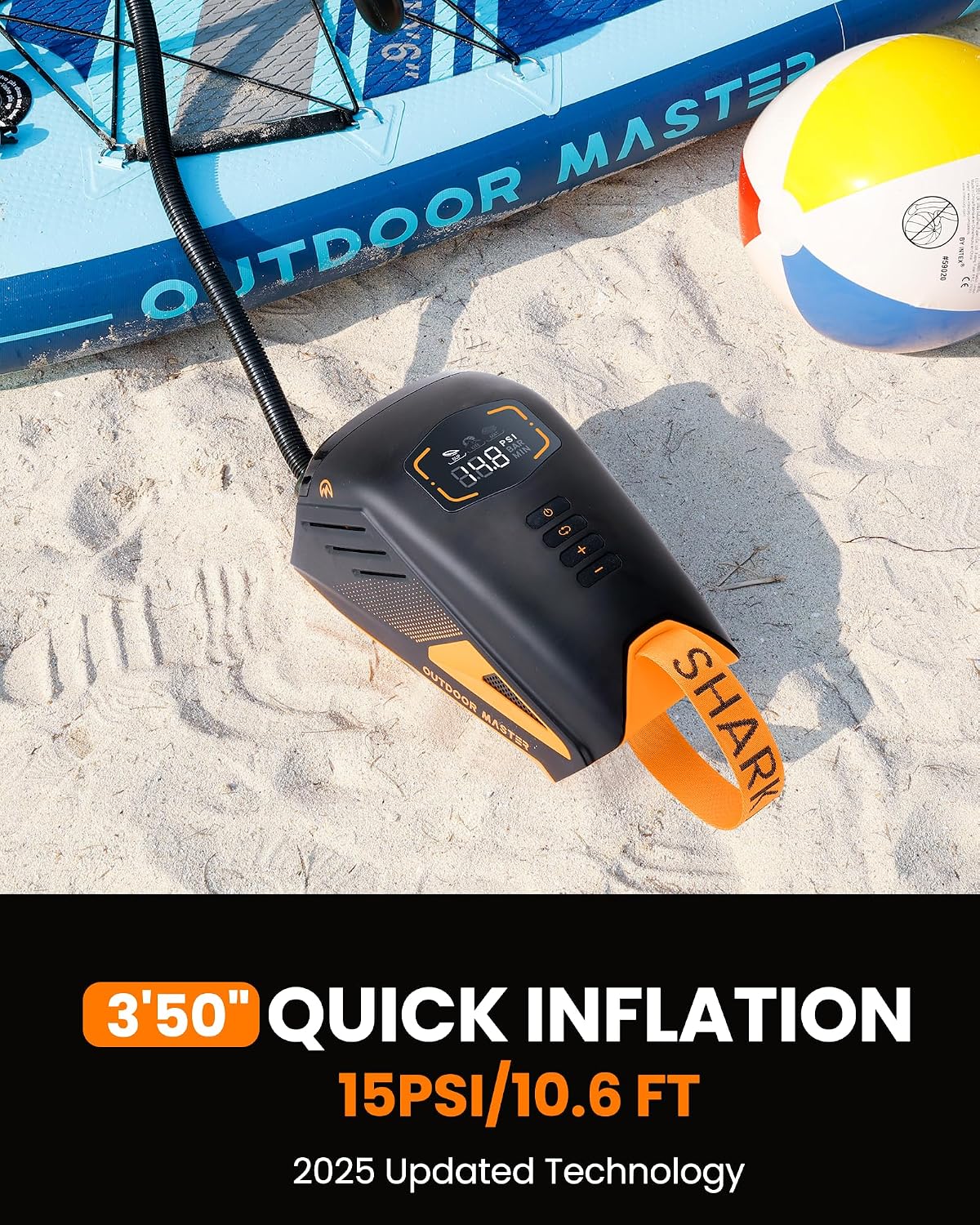 OutdoorMaster Shark 3 Paddle Board Pump Electric 74Wh- 3'50" Fast Inflation | 74Wh Rechargeable SUP Air Pump, One Charge for 4 SUPs,12V/15.8V DC Input, Digital Display, 20PSI, Auto-Off, 8 Nozzles