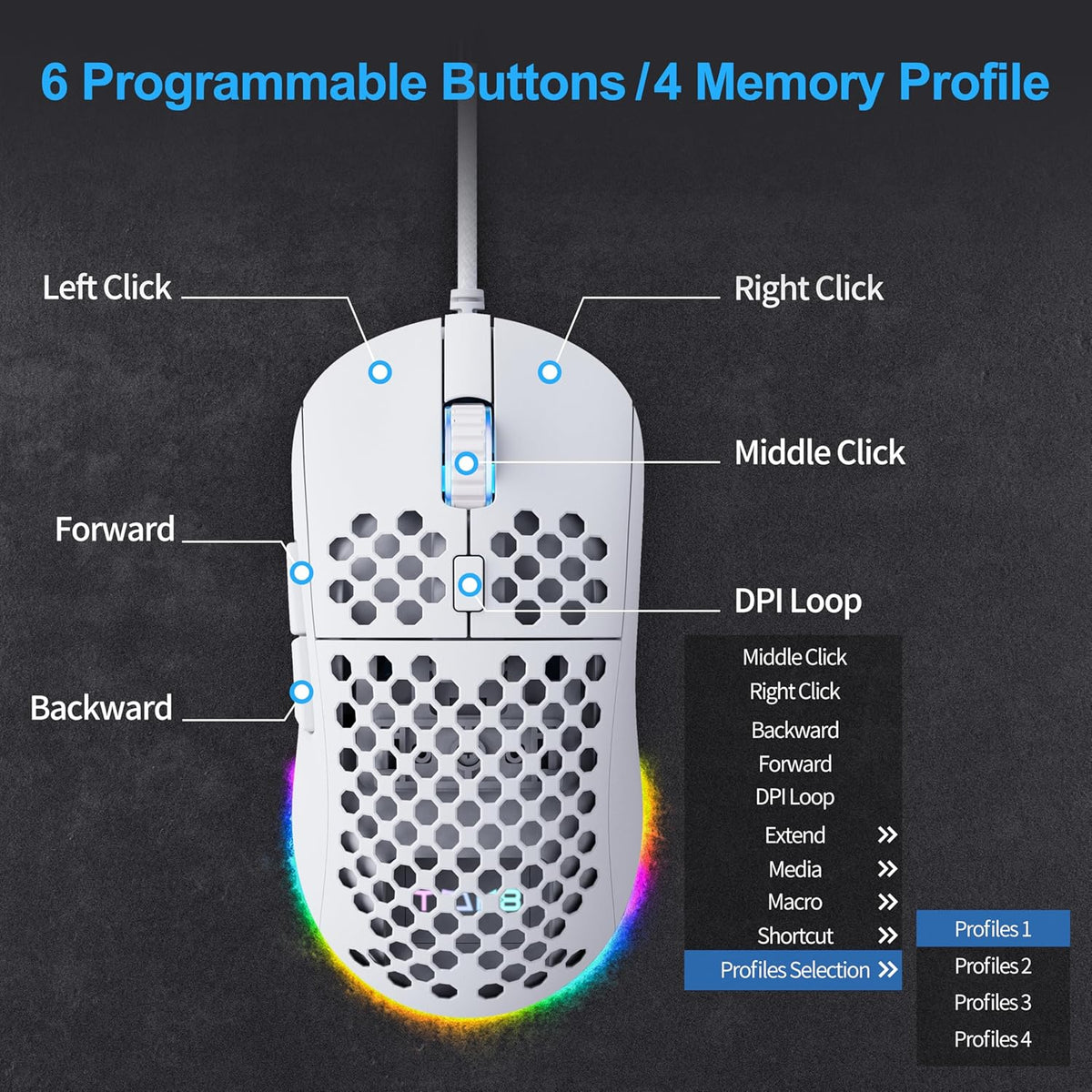 TMKB Falcon M1SE White Gaming Mouse, Wired, Lightweight Honeycomb, 12800DPI | High-Precision Optical Sensor, 6 Programmable Buttons, Customizable 16.8M RGB, Ergonomic, Drag-Free Paracord, PTFE Skates