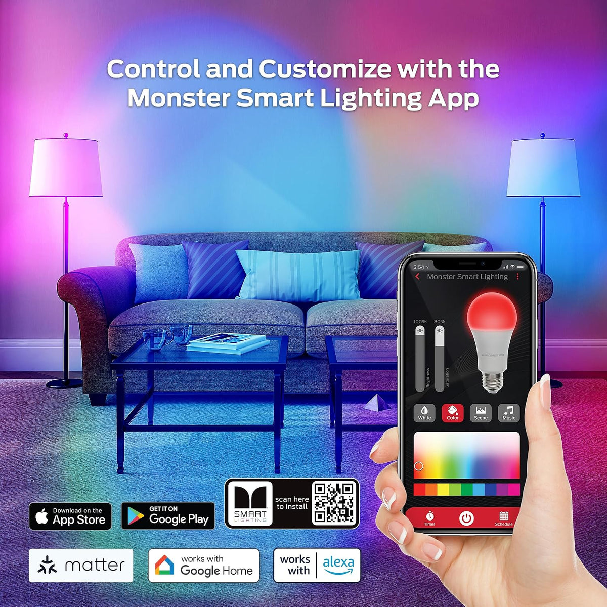 Monster Smart LED Light Bulbs WiFi Color Changing Bulbs, Dimmable Multicolor & Tunable White, Compatible with Alexa & Google Home, A19, 800 Lumens