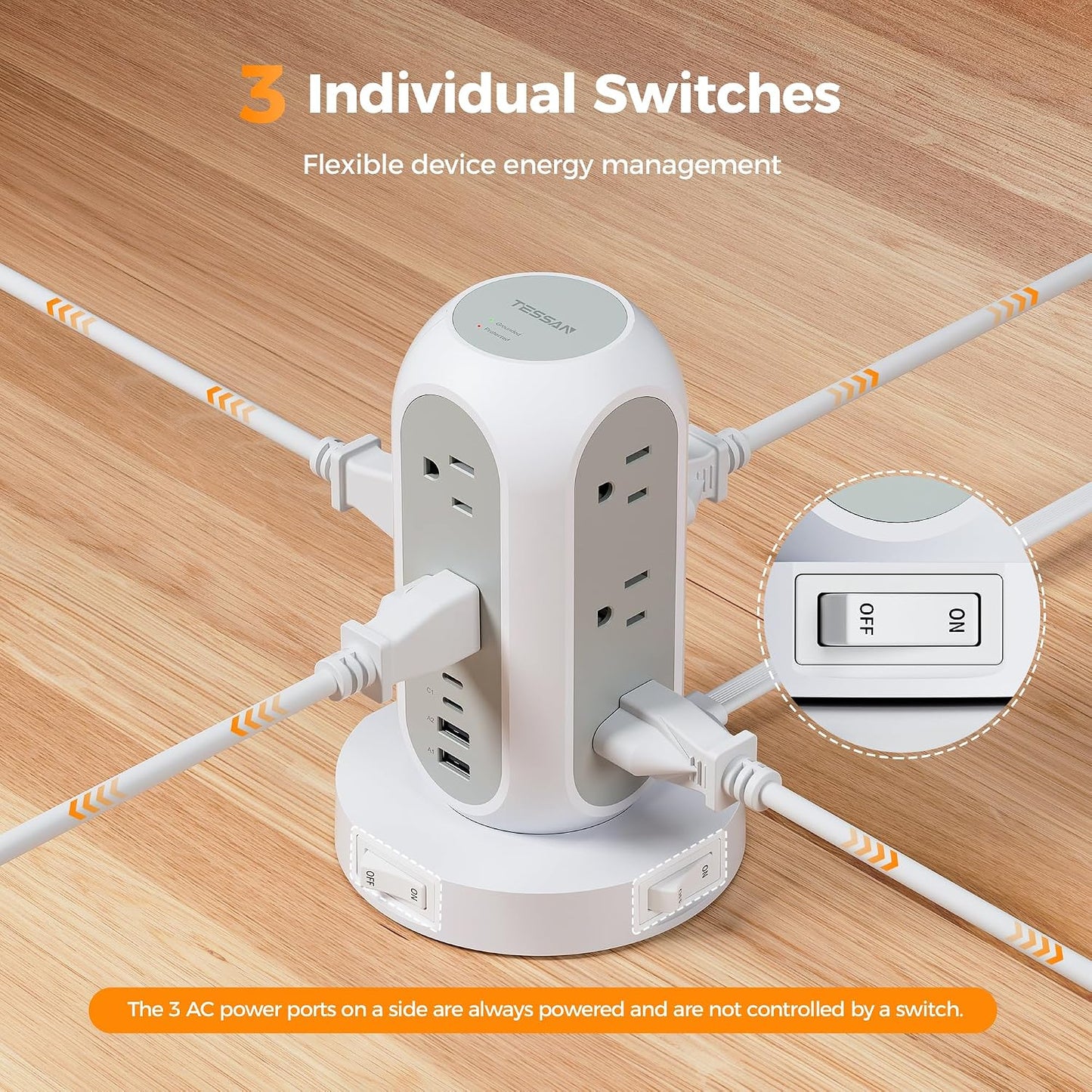 TESSAN Surge Protector Power Strip with 1050J, Individual Switches, 6 Ft | 11 Outlets, 4 USB Ports (2 USB C), Flat Extension Cord, 20W Charging Station for Multiple Devices, for Office, Dorm Room