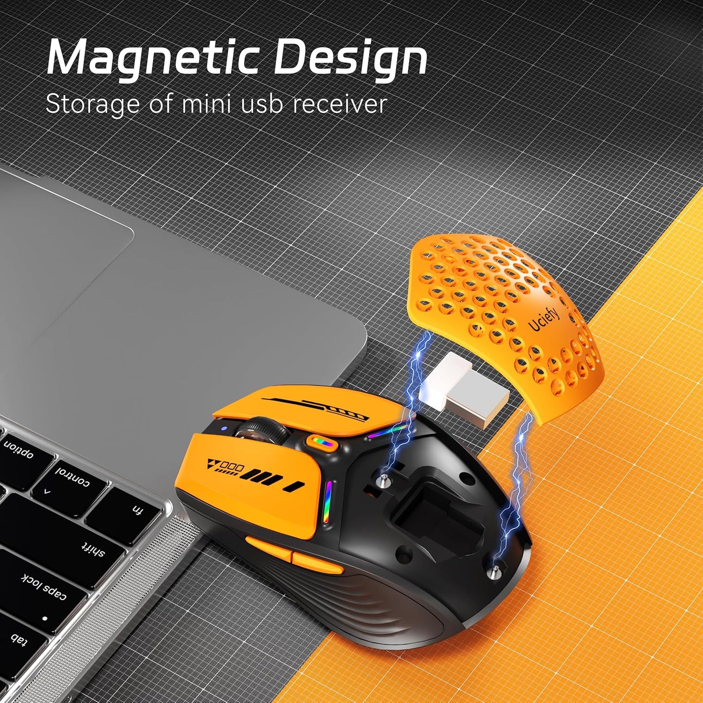 Uciefy Bluetooth Wireless Mouse, USB C Rechargeable Mice for Laptop-Orange | Tri-Mode BT5.0/5.1+2.4GHz, LED, Battery Level Visible, Honeycomb Magnetic Shell Cover, Portable, USB Receiver,Type C Adapter